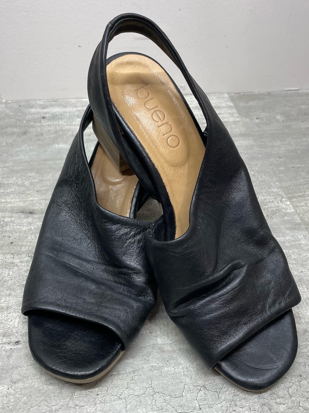 Bueno‎ Leather Slingback Sandals Womens Black Excellent Block Heel Peep Toe